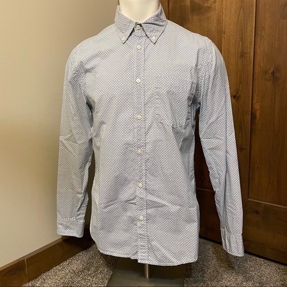 Old Navy White Blue Button Down Up Long Sleeve Collared Shirt Dot Pattern - Picture 1 of 3